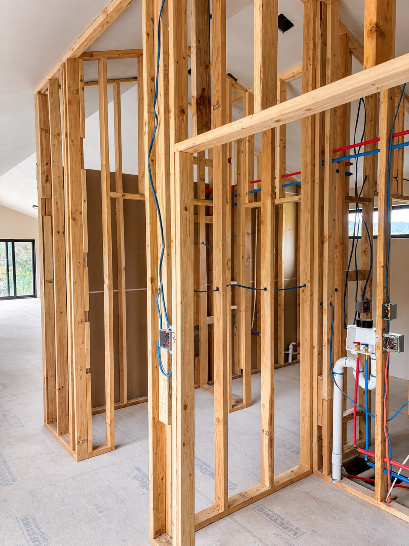 Interior framing with coordinated electrical and plumbing rough-in